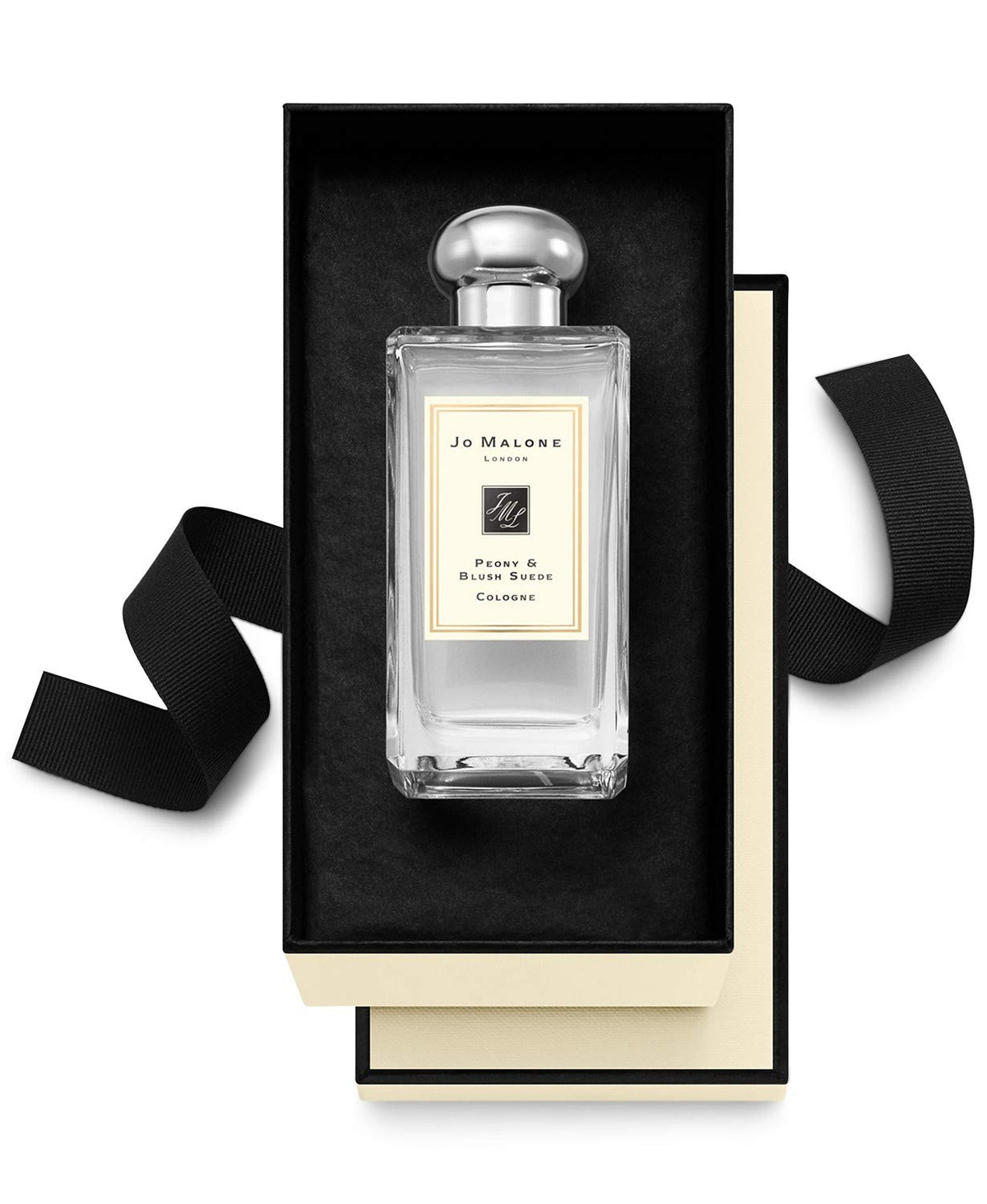 Jo Malone Peony & Blush Suede bottle top view highlights luxe suede base nuances