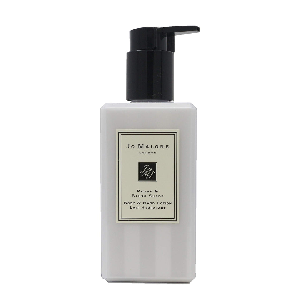 Jo Malone Peony & Blush Suede lotion bottle ready to hydrate and fragrance skin.