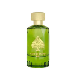 Closeup label on Jo Milano Game of Spades Bid bottle highlights premium details and oud notes.