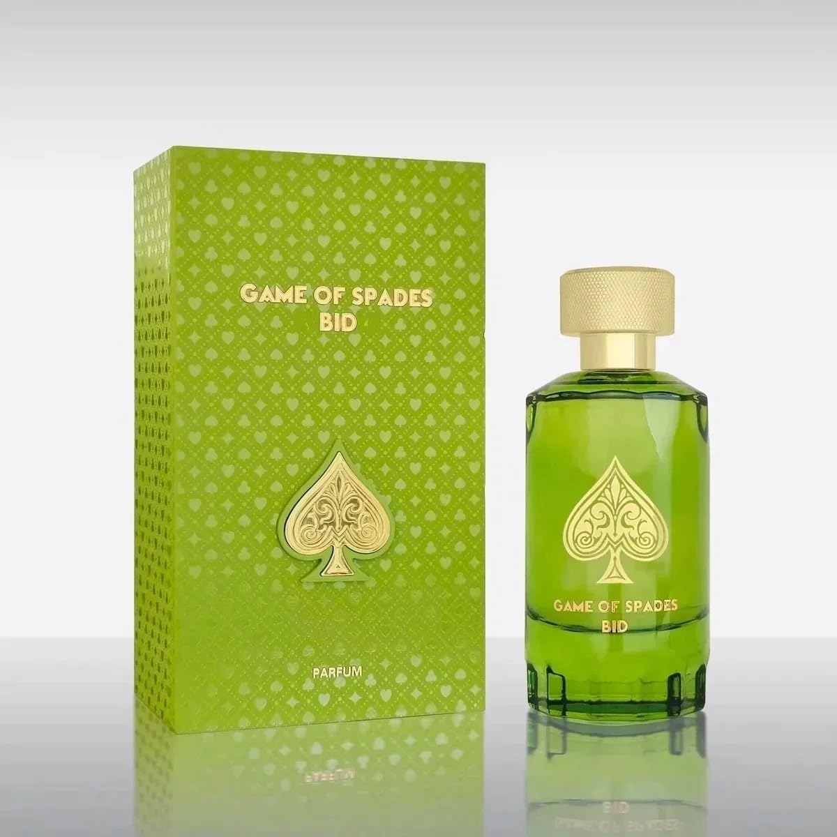 Packaging display for Jo Milano Game of Spades Bid suggests unisex versatility for day and night.