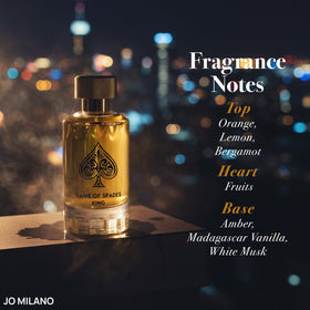 Jo Milano Game of Spades King bottle side detail highlights elegant branding.
