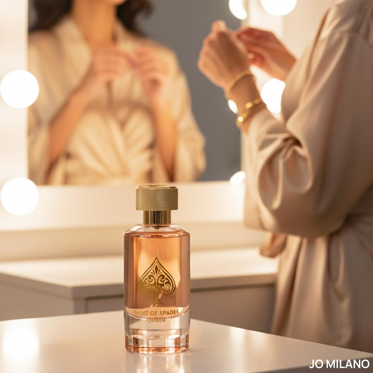 Jo Milano Game of Spades Queen rose-heart detail suggests elegant floral sophistication.
