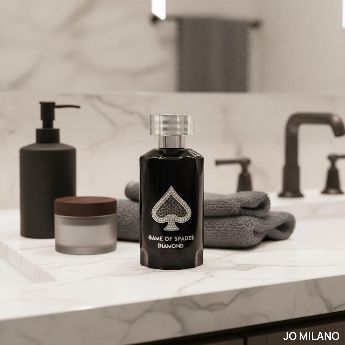 Jo Milano Game of Spades Diamond base notes evoke amber, vanilla, sandalwood.
