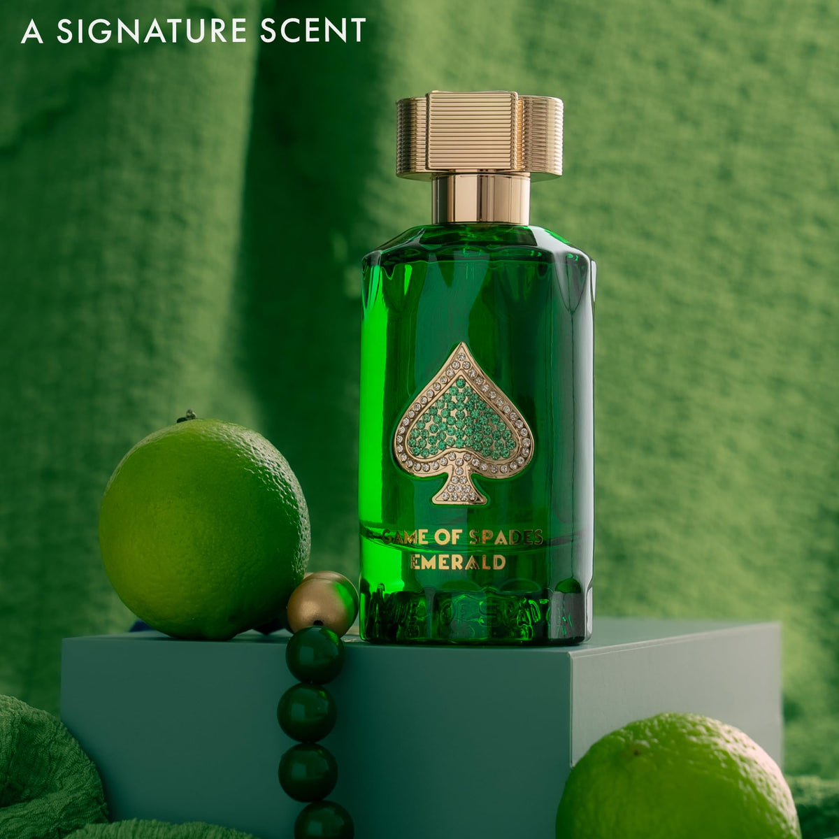 Jo Milano Game of Spades Emerald base with musk and hibiscus ambrette for a smooth trail