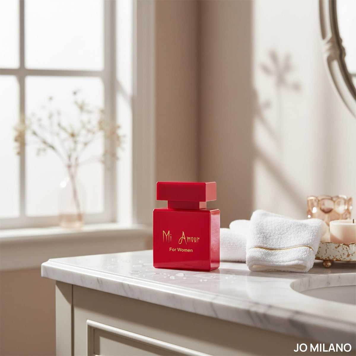 Jo Milano Mi Amour warm woody base scene suggests long-lasting aroma