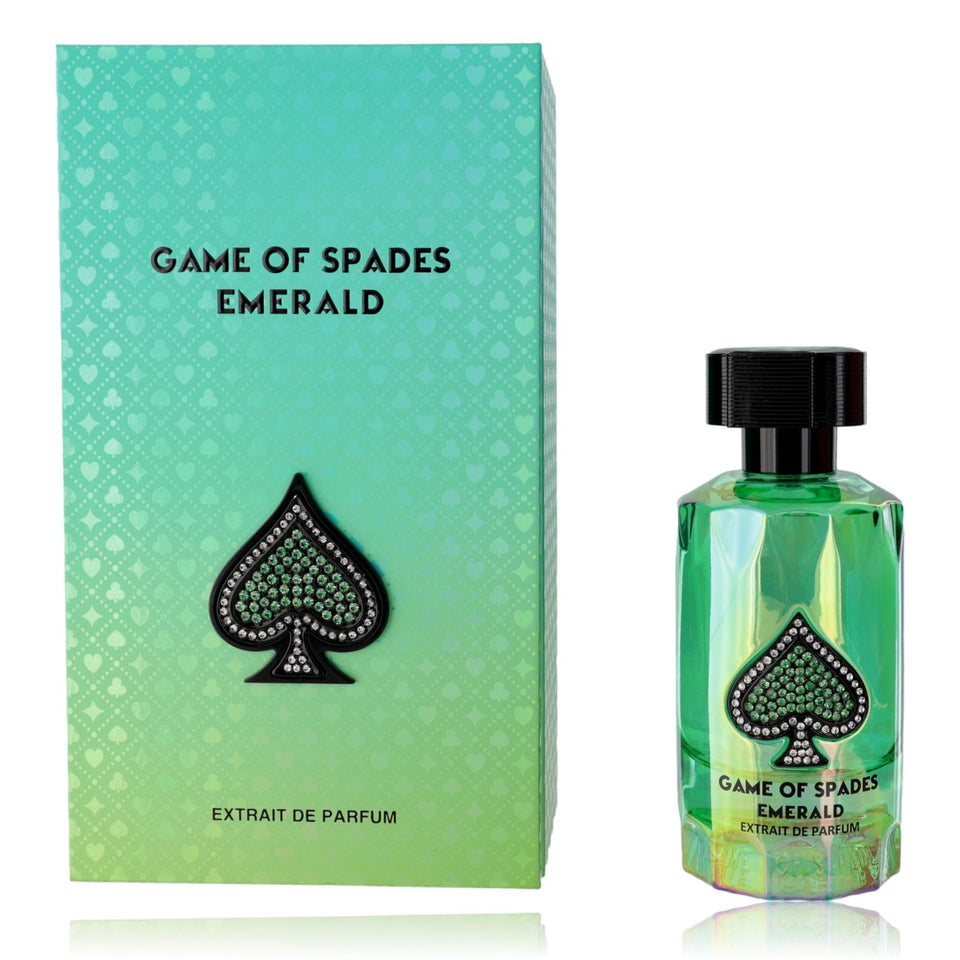 Jo Milano Paris Game of Spades Emerald Extrait bottle close-up for lasting fragrance.