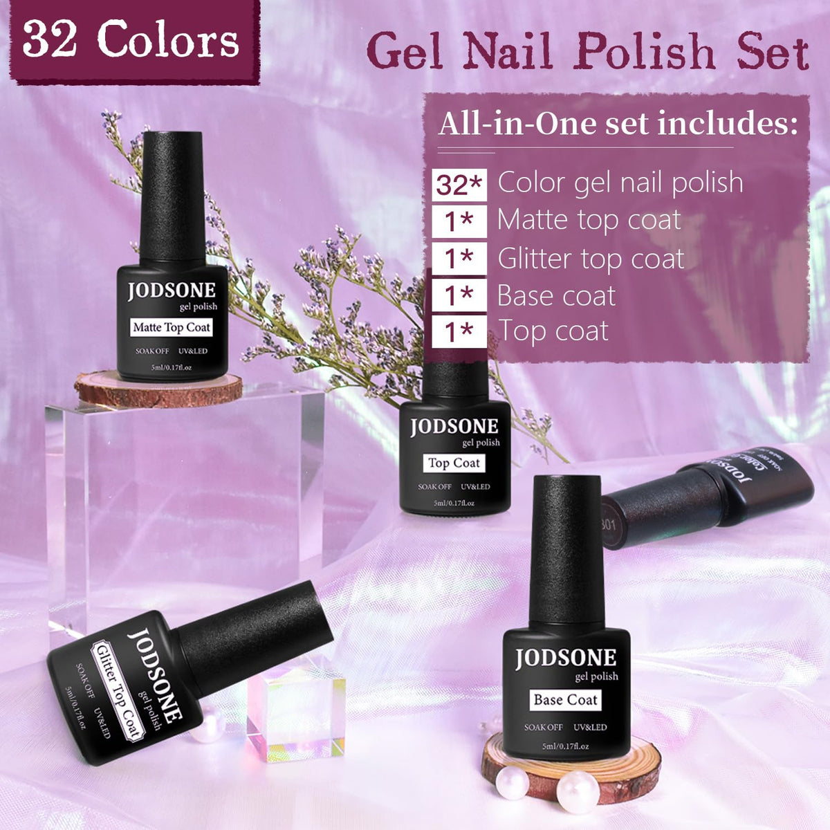 JODSONE 32-color gel polish collection provides bold options for creative nail art.
