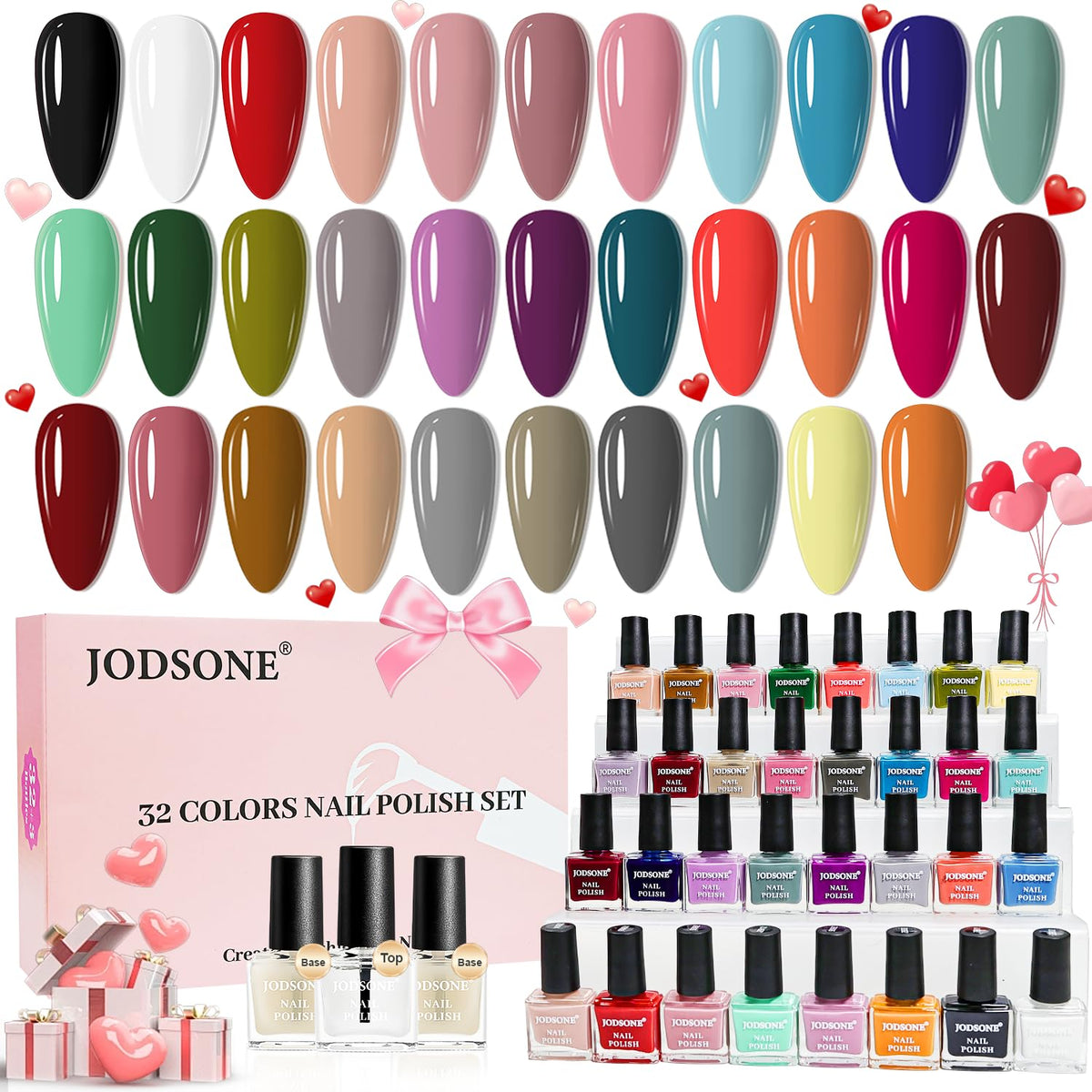 JODSONE 32-color nail polish set shown with vibrant range for versatile at-home manicures