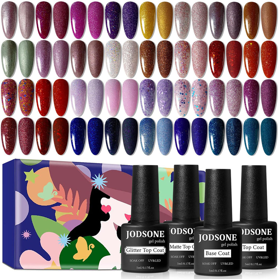 JODSONE 36-piece gel nail set showing colorful glitter shades for vibrant nails.