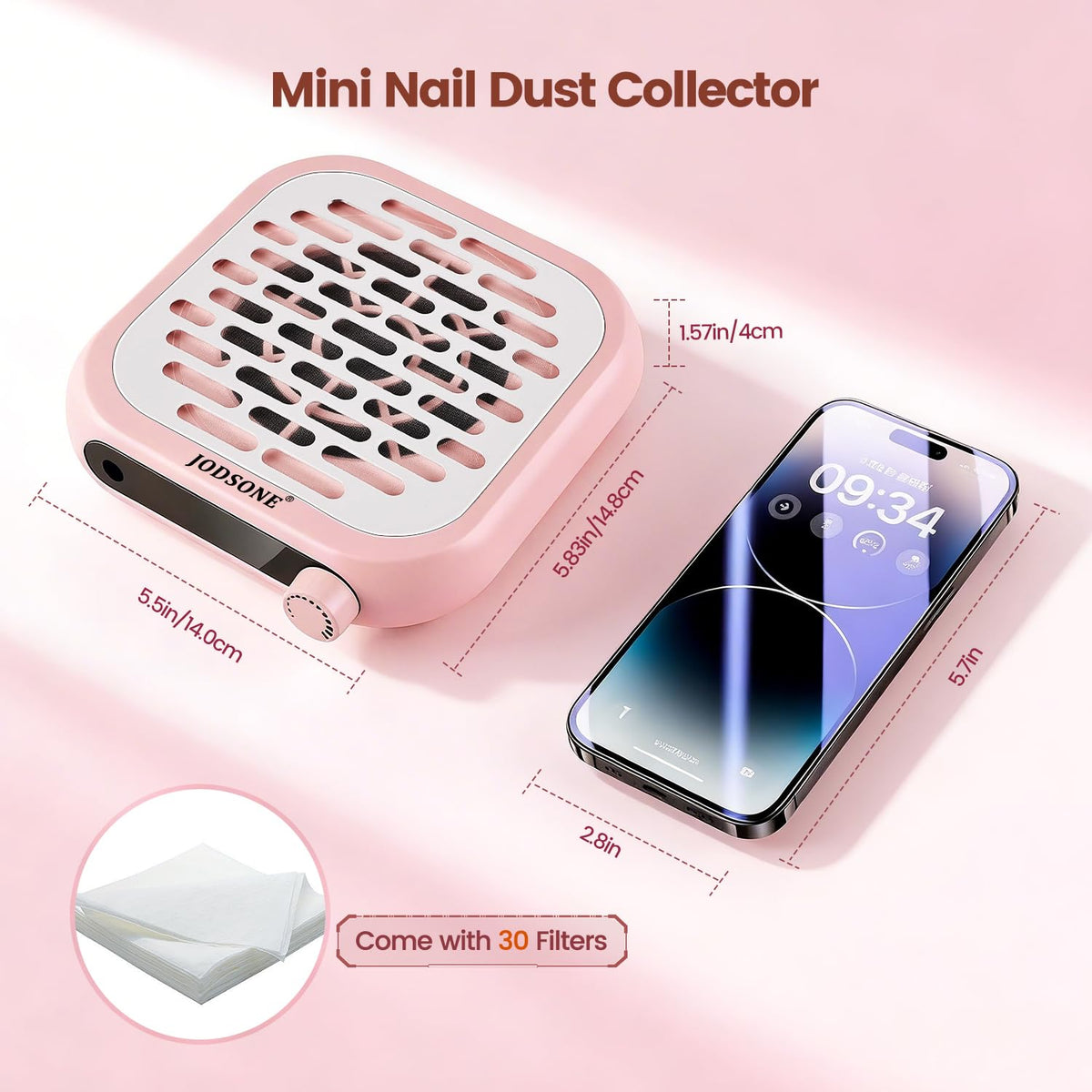 JODSONE mini dust collector side view highlights palm-sized portability