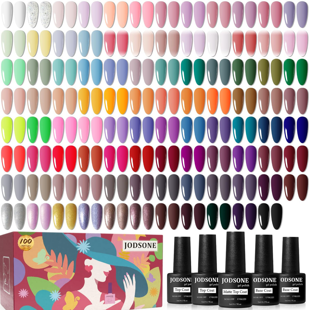 JODSONE gel nail polish kit swatches show 95 vibrant shades for versatile looks