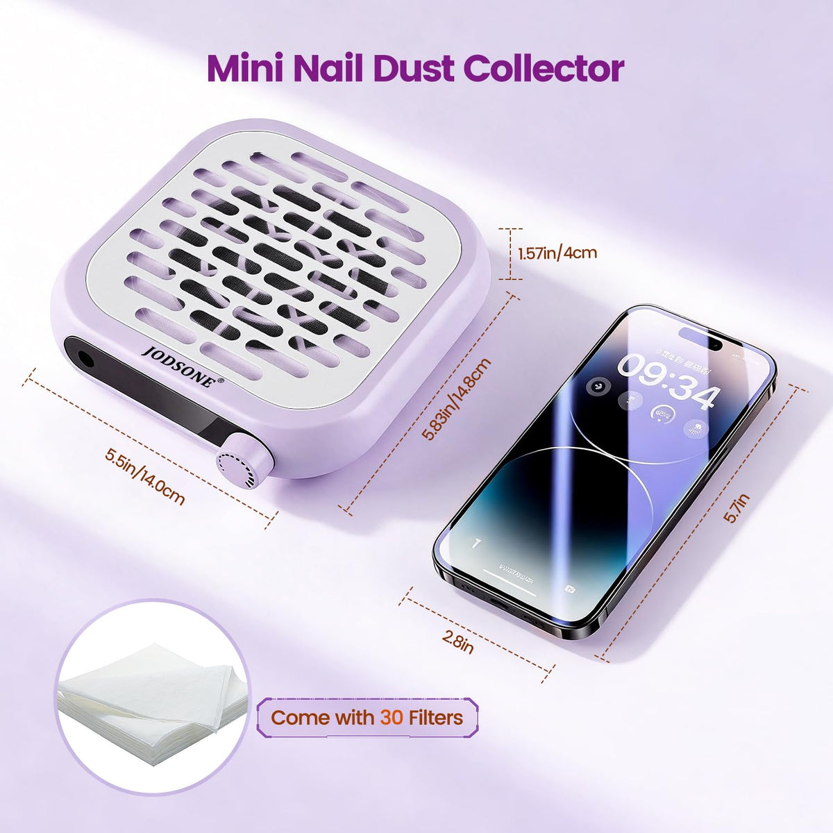 JODSONE purple mini nail dust collector side view showing compact palm size