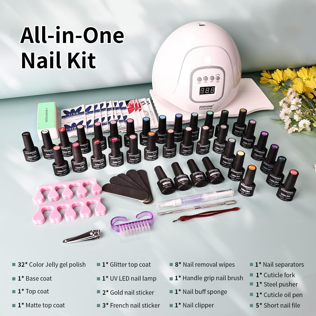 JODSONE manicure tools set shown with jelly gel polish kit.