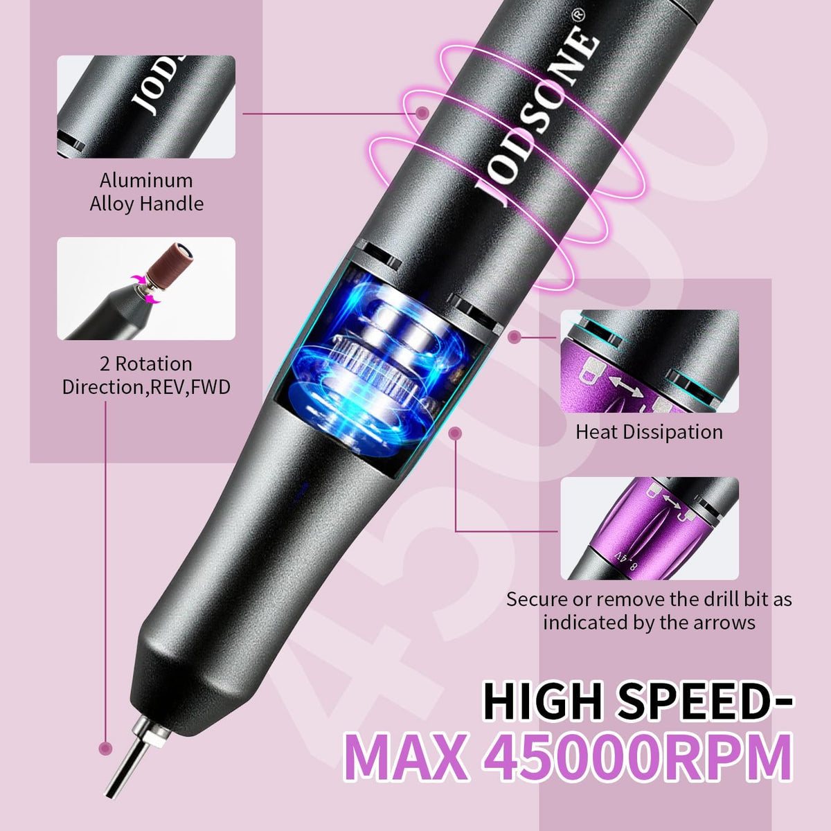 JODSONE nail drill high-capacity battery for quick recharges.