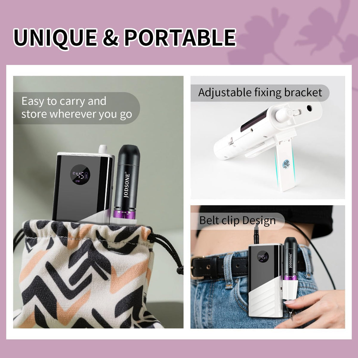 JODSONE nail drill with belt clip for portable use.
