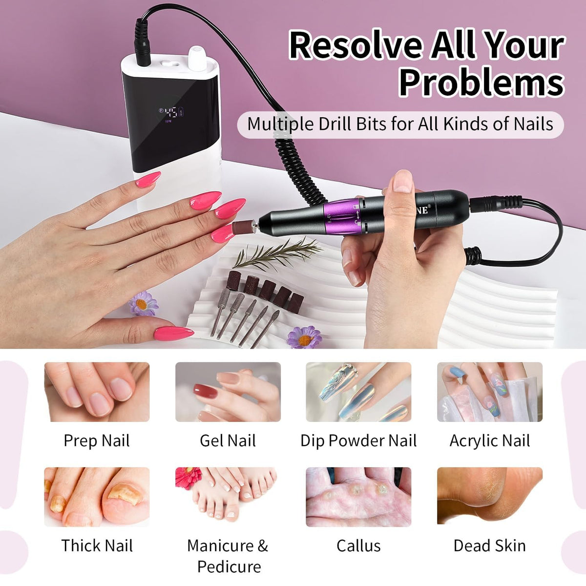 JODSONE nail drill kit includes 6 drills and sanding tape.