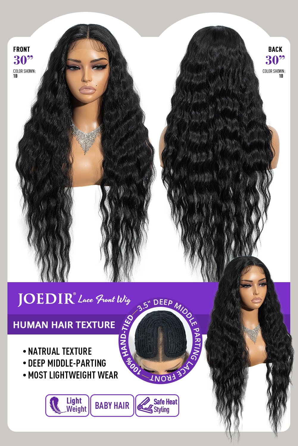 Joedir natural-density hairline with baby hair for a realistic texture.