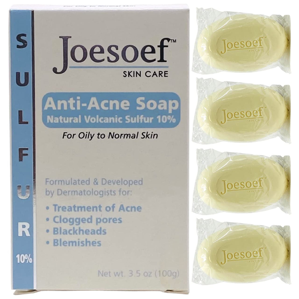 JOESOEF Sulfur Soap 4-pack flat lay emphasizes value for daily routine.