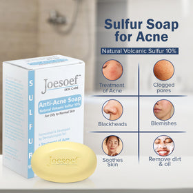 JOESOEF Sulfur Soap ingredients label closeup highlights anti-bacterial benefits.