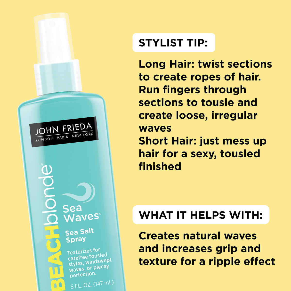 John Frieda Beach Blonde Sea Salt spray mist delivers windswept waves and light texture.