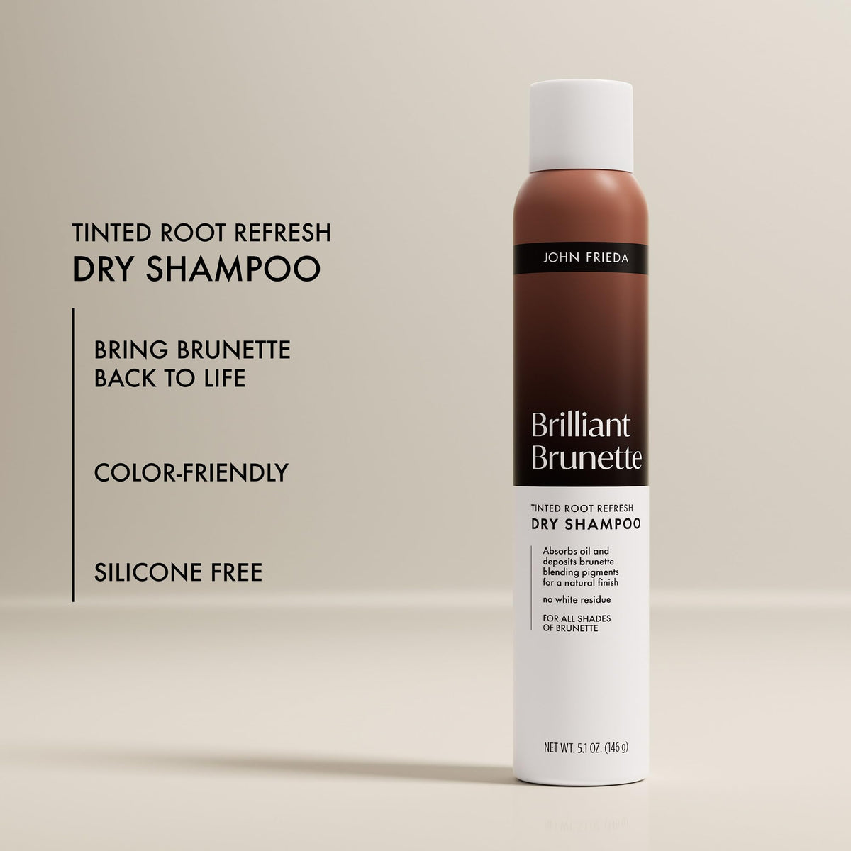 John Frieda Brilliant Brunette tinted root refresh dry shampoo close-up applying for quick root refresh