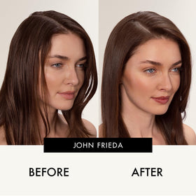 John Frieda Brilliant Brunette tinted root refresh being worked into hair for natural blend