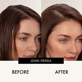 John Frieda Brilliant Brunette tinted root refresh shows no white residue on brunette hair