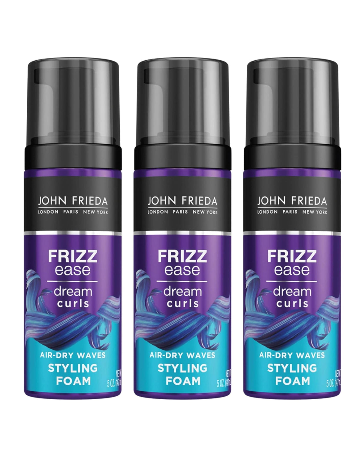 John Frieda Dream Air-Dry Waves Foam trio pack highlights easy wave styling.