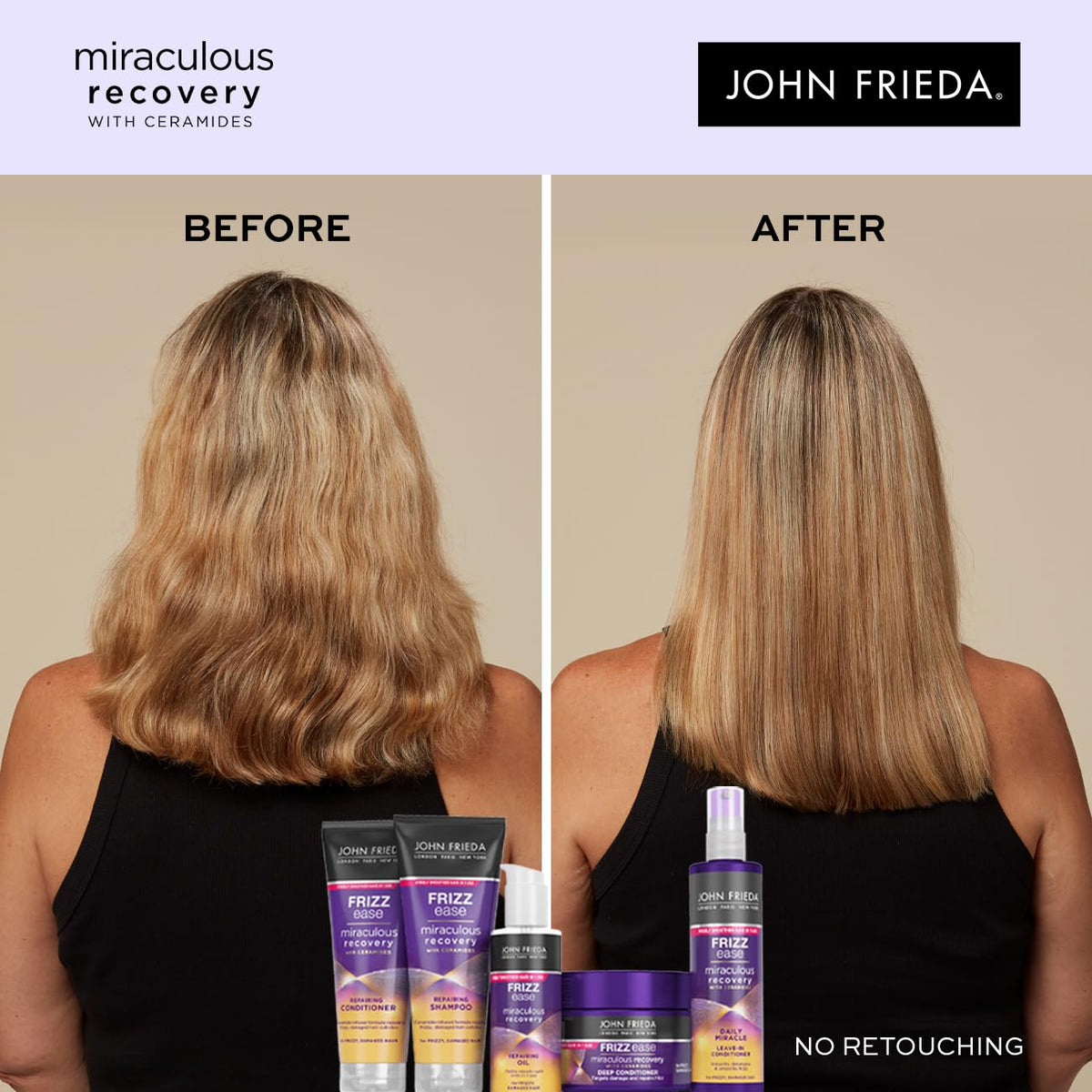 John Frieda Miraculous Recovery conditioner ceramides close-up highlighting strengthening benefits.