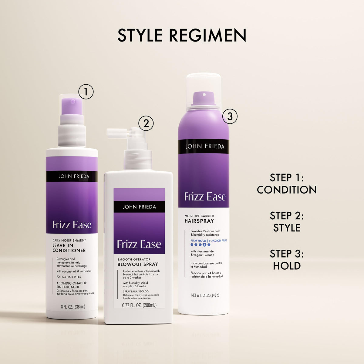 John Frieda Frizz Ease moisture barrier promotes a smooth, frizz-free appearance.