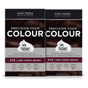 John Frieda Precision Foam Color bottle displays 3VR deep cherry brown shade.