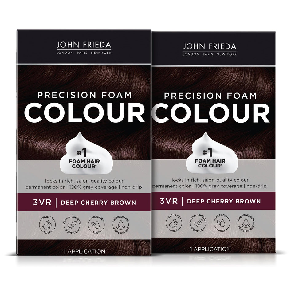 John Frieda Precision Foam Color bottle displays 3VR deep cherry brown shade.