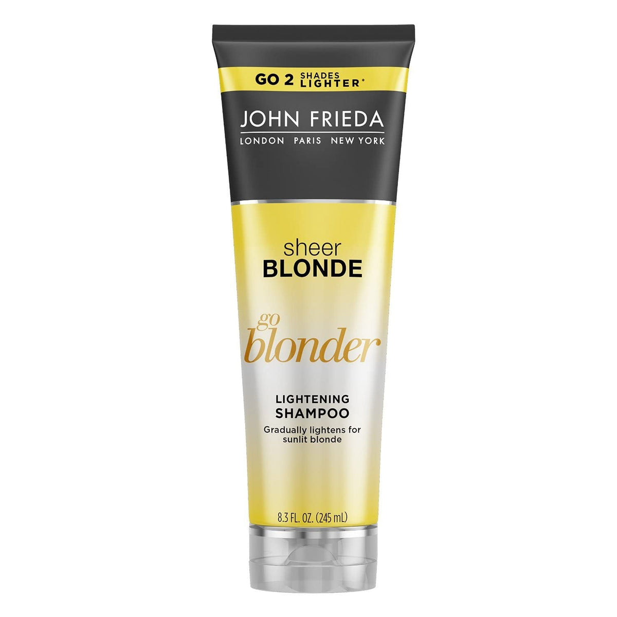 John Frieda Sheer Blonde Go Blonder shampoo bottle showing gradual lightening potential.