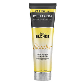 John Frieda Sheer Blonde Go Blonder shampoo bottle showing gradual lightening potential.