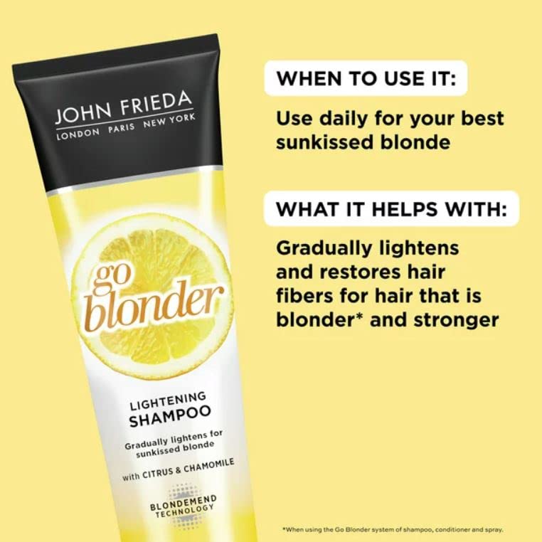 John Frieda Sheer Blonde Go Blonder shampoo label closeup highlighting safe formula.
