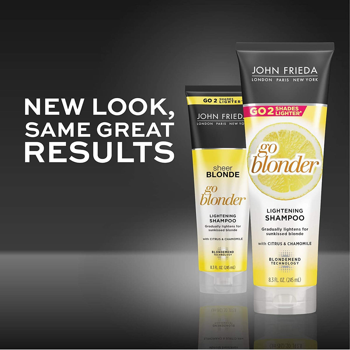 John Frieda Sheer Blonde Go Blonder bottle closeup emphasizing softness renewal.