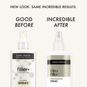 John Frieda ULTRAfiller+ spray being dispensed for even coverage.
