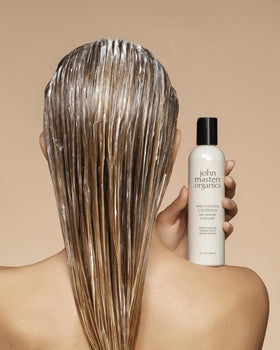 John Masters Organics conditioner label detail highlights 12 organic ingredients