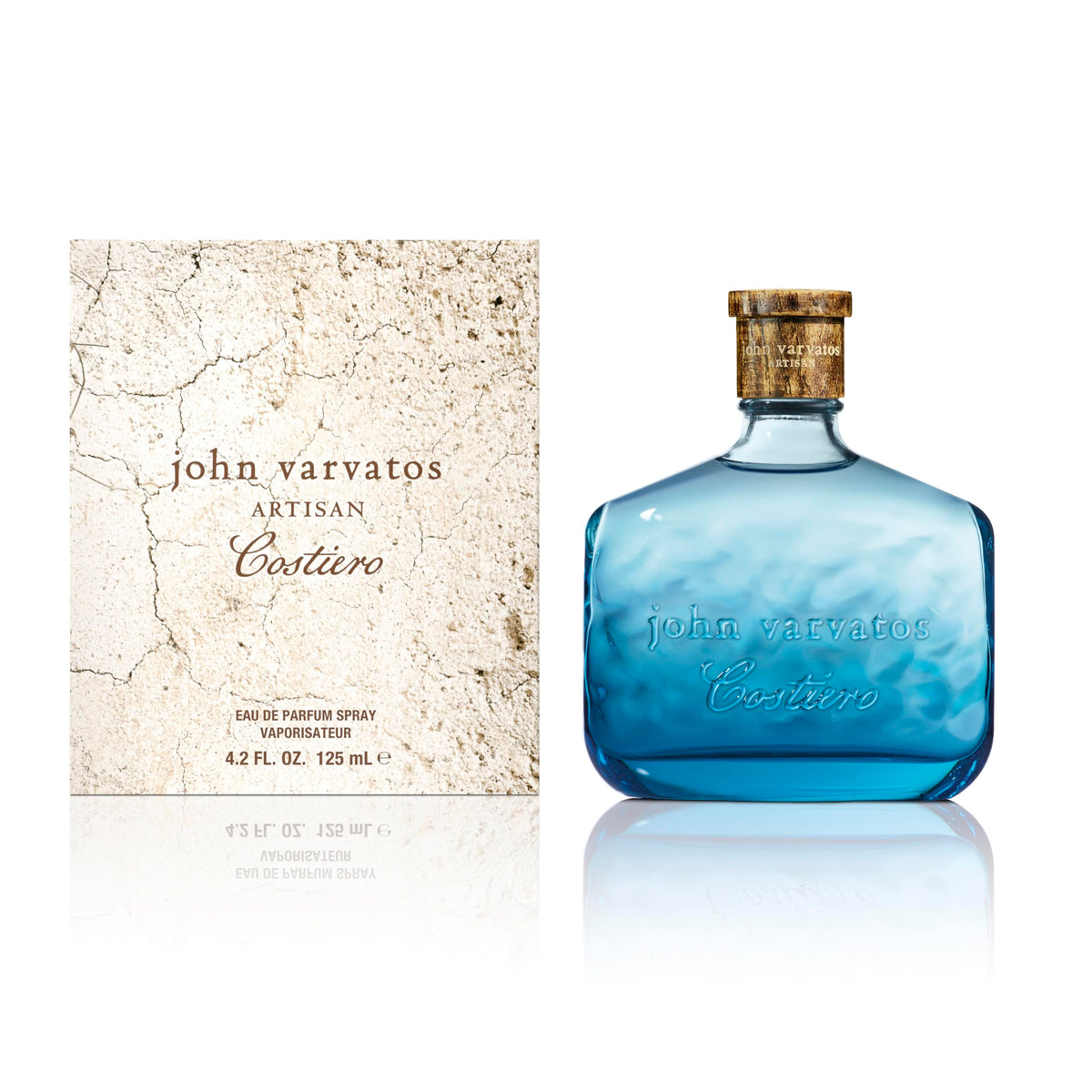 John Varvatos Artisan Costiero bottle front shows Mediterranean-inspired freshness for daily wear