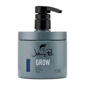 Johnny B. Professional Grow Hair Shampoo bottle being poured for thorough scalp cleansing.