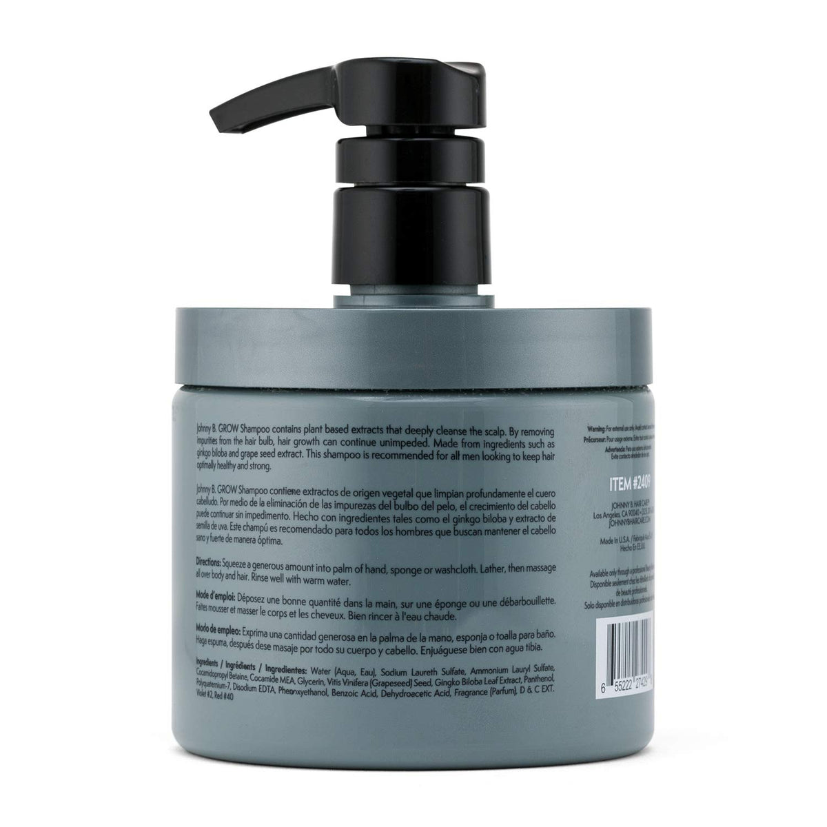 Johnny B. label closeup highlighting plant-based extracts for hair vitality.