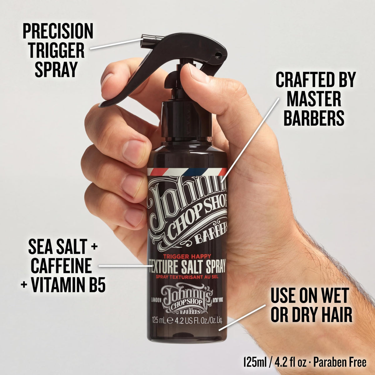 Johnny's Chop Shop Trigger Happy paraben-free label signals clean ingredients.