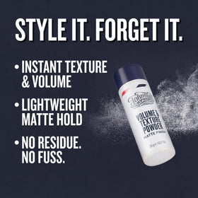Johnny's Chop Shop powder rubbed into palms for dry-hair texture.