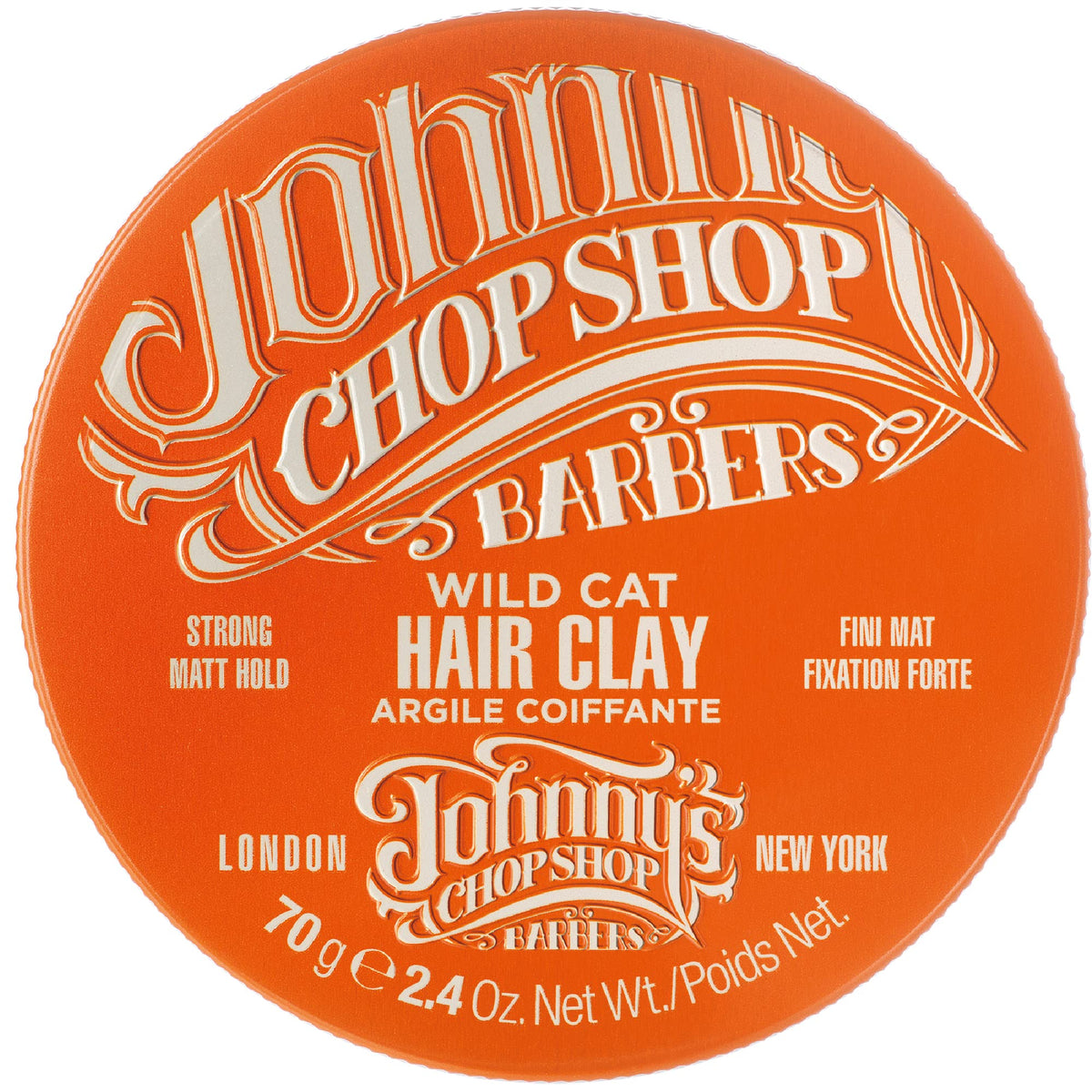 Johnny's Chop Shop Wild Cat Hair Clay packaging highlights barber-style design for easy grip