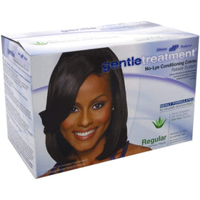 Johnson Gentle Treatment No-Lye Creme Relaxer Regular bottle closeup emphasizes moisturizing Aloe Vera for healthier-looking hair.
