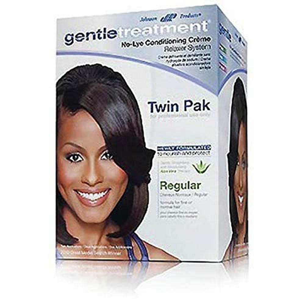 Johnson and Johnson Gentletreatment No-Lye Relaxer twin pack application for at-home smoothing.