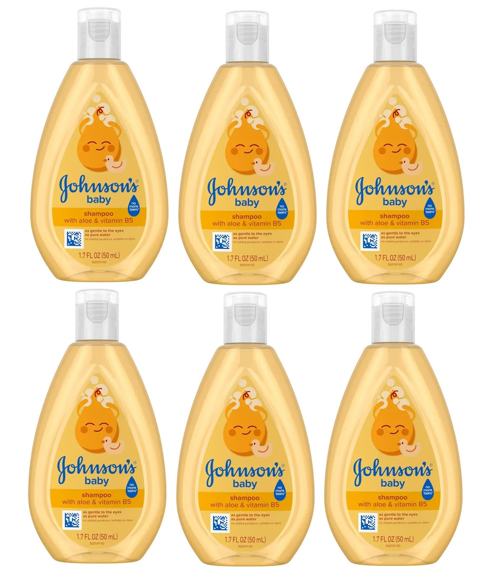 Johnson's Baby Shampoo six-pack travel bottles arranged for on-the-go baths
