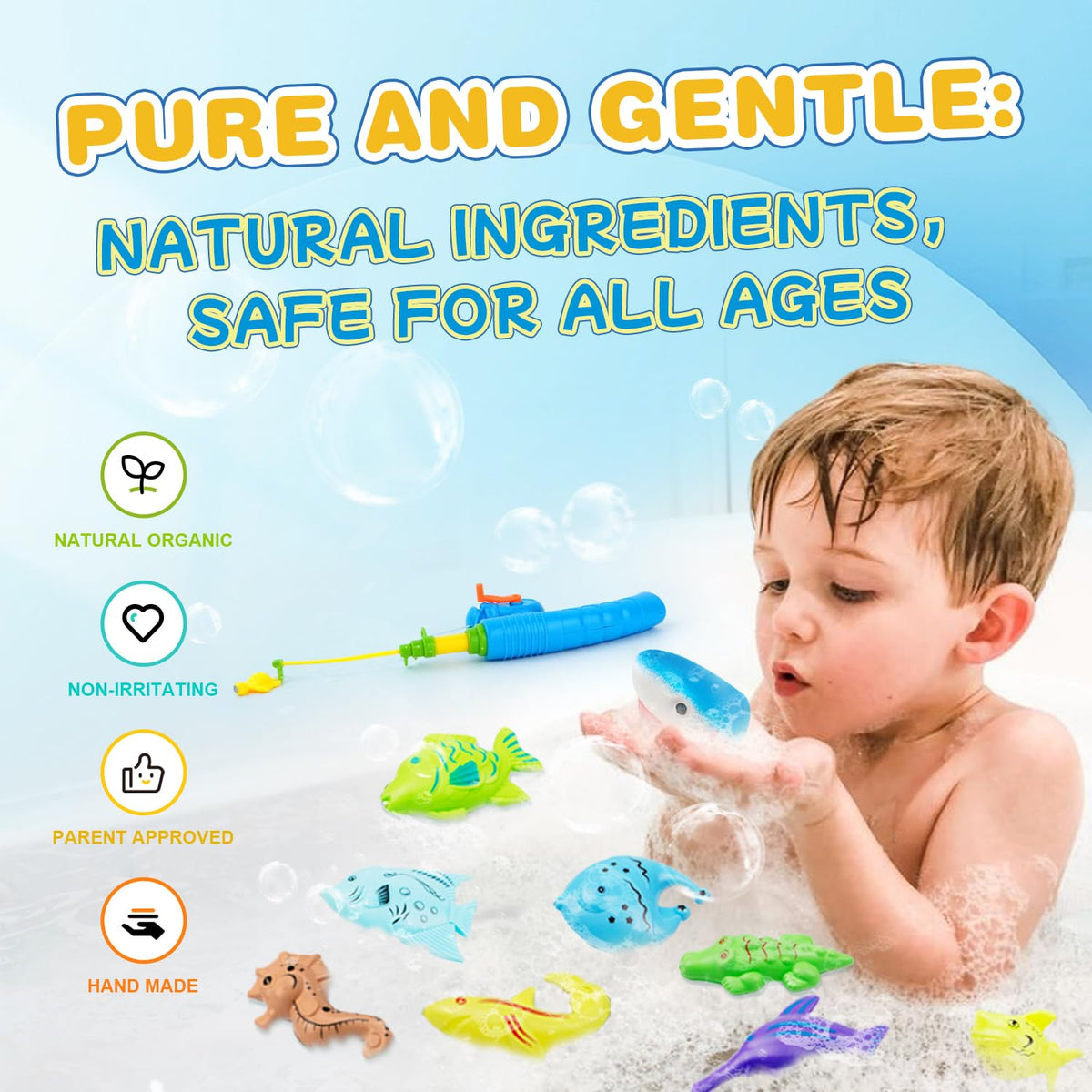 JOI MEW bath bombs promote motor skill development through fishing play.