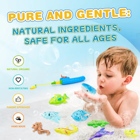 JOI MEW bath bombs promote motor skill development through fishing play.