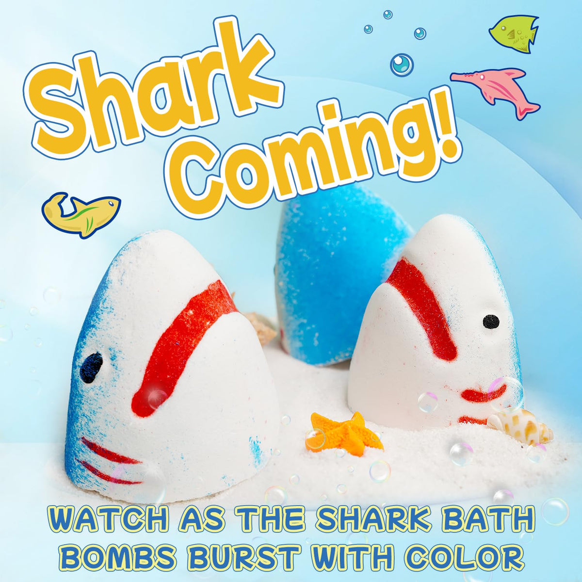 JOI MEW Shark Bath Bombs explode into vibrant colors for sensory bath experiences.